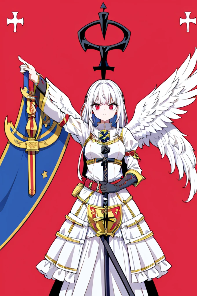 flagmaker, medieval knight group, the flag representing Crucifixus, Experrectus, Reanimatus or The Crucified, The Awakened, And The Reanimated, the flags' colors consist of black, red, white, gold and silver. The flag consists of an angel holding a sword, the angel has a cross on the front of her shirt.