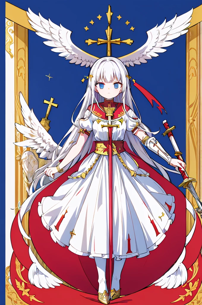 flagmaker, medieval knight group, the flag representing Crucifixus, Experrectus, Reanimatus or The Crucified, The Awakened, And The Reanimated, the flags' colors consist of black, red, white, gold and silver. The flag consists of an angel holding a sword, the angel has a cross on the front of her shirt.