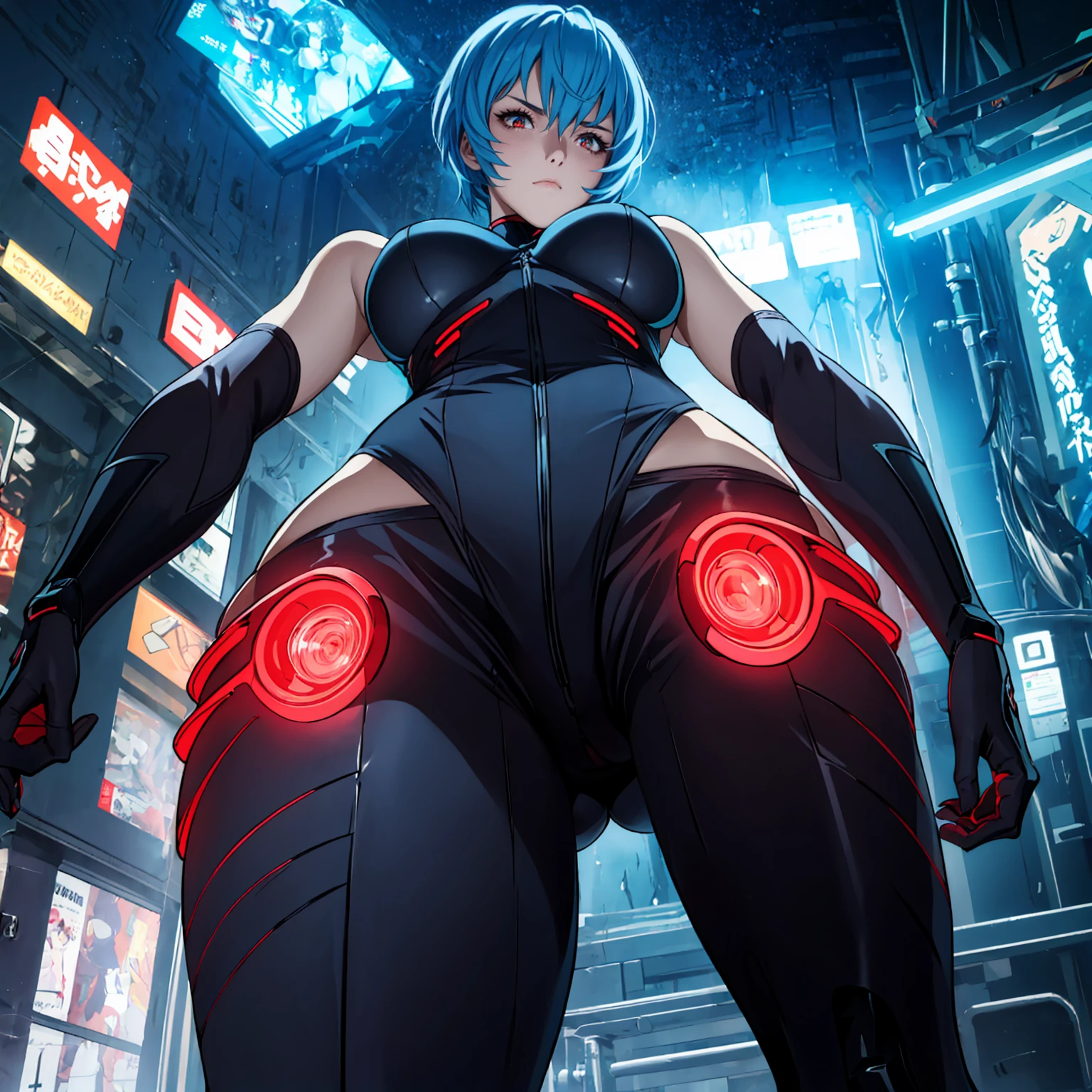 rei ayanami, ((blue hair, short hair, glowing red eyes, makeup, narrow waist, skinny, medium breasts)), pelvic curtain, ((lucy kushinada bodysuit, cyberpunk:edgerunners)), full body, perfect body, (insanely detailed, beautiful detailed face, masterpiece, best quality) , (((solo))), (((1girl))), (((mature))), (extremely detailed 8k paper CG wall unit: 1.1), (school, night), (Frown face for the viewer), underbutt, from behind, back
