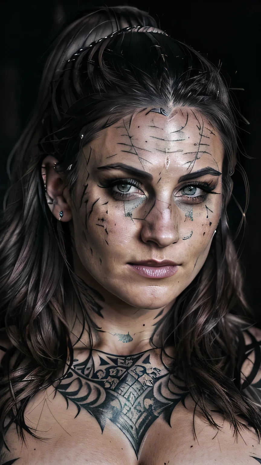 (best quality, hyperdetailed photography:1.2), beautiful lady, scar's face, tattoos breast,(muscular body:1.1),,dark makeup, viking 516 AD warrior,,,, ponytail,badass woman,,,,(massive perfect breast:1.0), (upper body portrait), (cinematic shot:1.5), (movie photography:1.2), cinematic lights,, (naked breast),(ultra detailed skin texture:1.3)