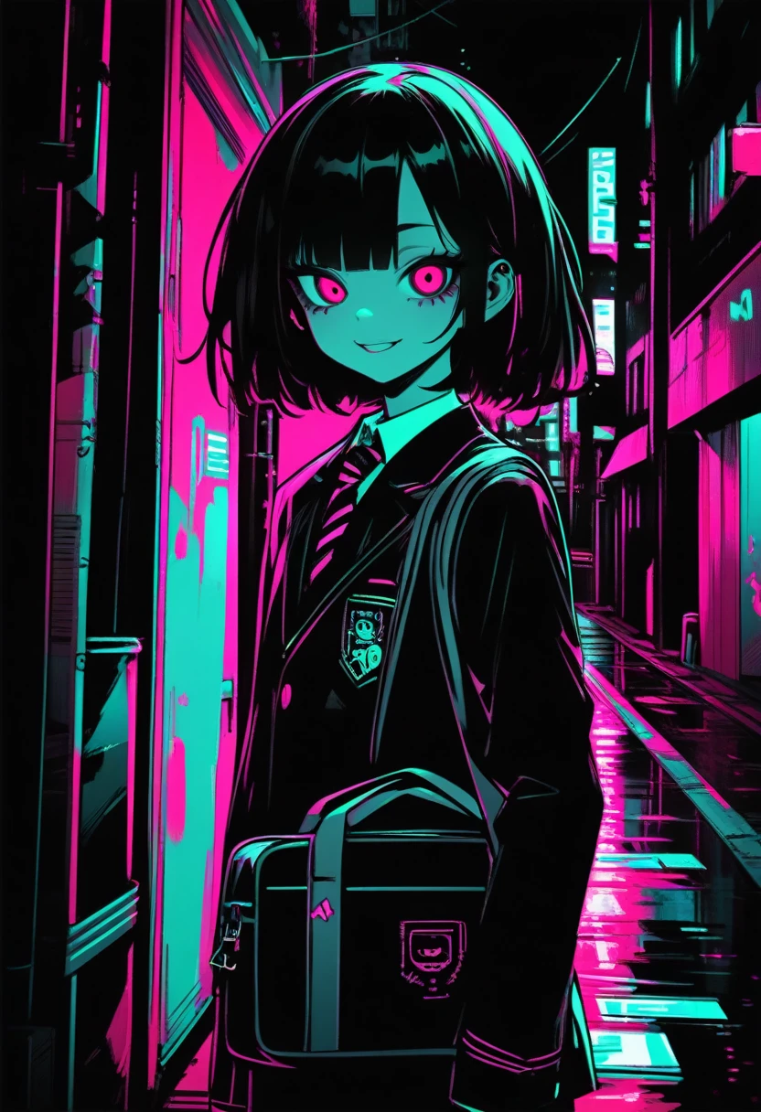 masterpiece, top-quality, 1girl in, Uniforms, A slight smil, a school bag, A dark-haired, Black eyes, cyberpunked, a street, monochromes, line-drawing、iced