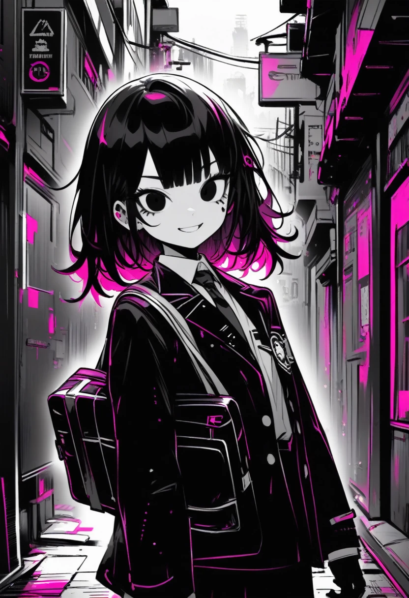masterpiece, top-quality, 1girl in, Uniforms, A slight smil, a school bag, A dark-haired, Black eyes, cyberpunked, a street, monochromes, line-drawing、iced