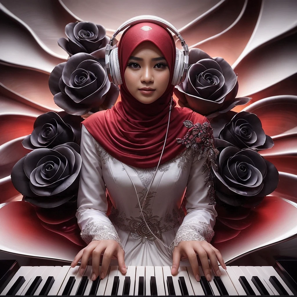 seorang wanita Indonesia main piano, deminsi tinggi, tambahkan icon musik, fantasi design dengan Lipatan kaca cermin berputar putar yang artistik, (seorang wanita cantik kuku merah, hijab warna merah, gaun putih, mata mempesona duduk di belakang piano sambil memainkan piano, menggunakan headphone, pose wajah menghadap ke depan kamera terlihat dekat buket mawar hitam, lantaran belakan cermin, abstrak dan artistik dan definisi tinggi UHD 64K yang Hyper realistic)