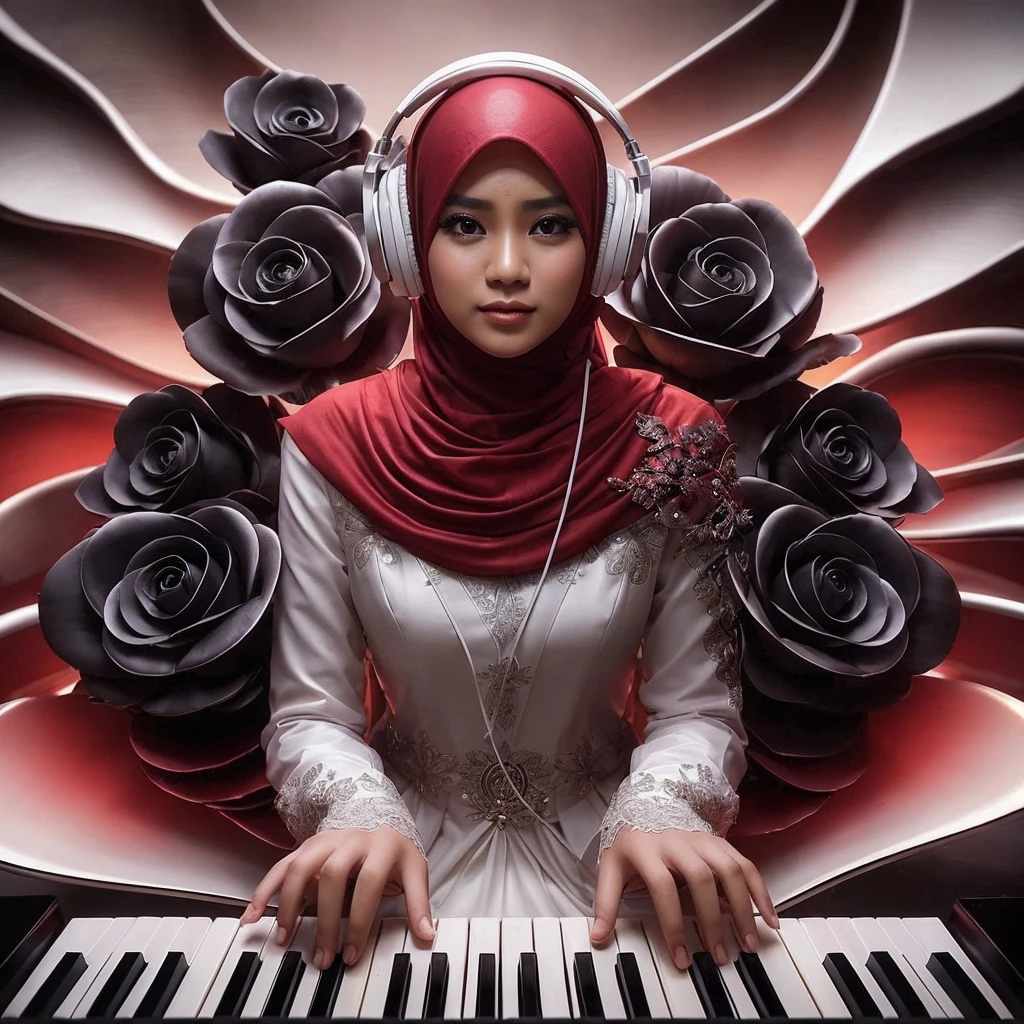 seorang wanita Indonesia main piano, deminsi tinggi, tambahkan icon musik, fantasi design dengan Lipatan kaca cermin berputar putar yang artistik, (seorang wanita cantik kuku merah, hijab warna merah, gaun putih, mata mempesona duduk di belakang piano sambil memainkan piano, menggunakan headphone, pose wajah menghadap ke depan kamera terlihat dekat buket mawar hitam, lantaran belakan cermin, abstrak dan artistik dan definisi tinggi UHD 64K yang Hyper realistic)