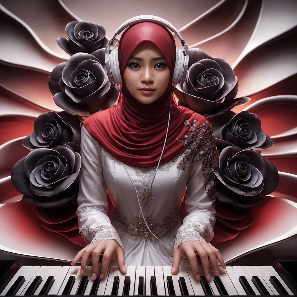 seorang wanita Indonesia main piano, deminsi tinggi, tambahkan icon musik, fantasi design dengan Lipatan kaca cermin berputar putar yang artistik, (seorang wanita cantik kuku merah, hijab warna merah, gaun putih, mata mempesona duduk di belakang piano sambil memainkan piano, menggunakan headphone, pose wajah menghadap ke depan kamera terlihat dekat buket mawar hitam, lantaran belakan cermin, abstrak dan artistik dan definisi tinggi UHD 64K yang Hyper realistic)