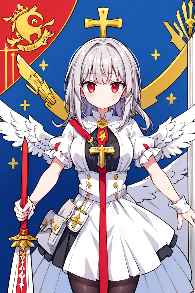 flagmaker, medieval knight group, the flag representing Crucifixus, Experrectus, Reanimatus or The Crucified, The Awakened, And The Reanimated, the flags' colors consist of black, red, white, gold and silver. The flag consists of an angel holding a black and red sword with a golden handle, the angel has a cross on the front of her shirt.