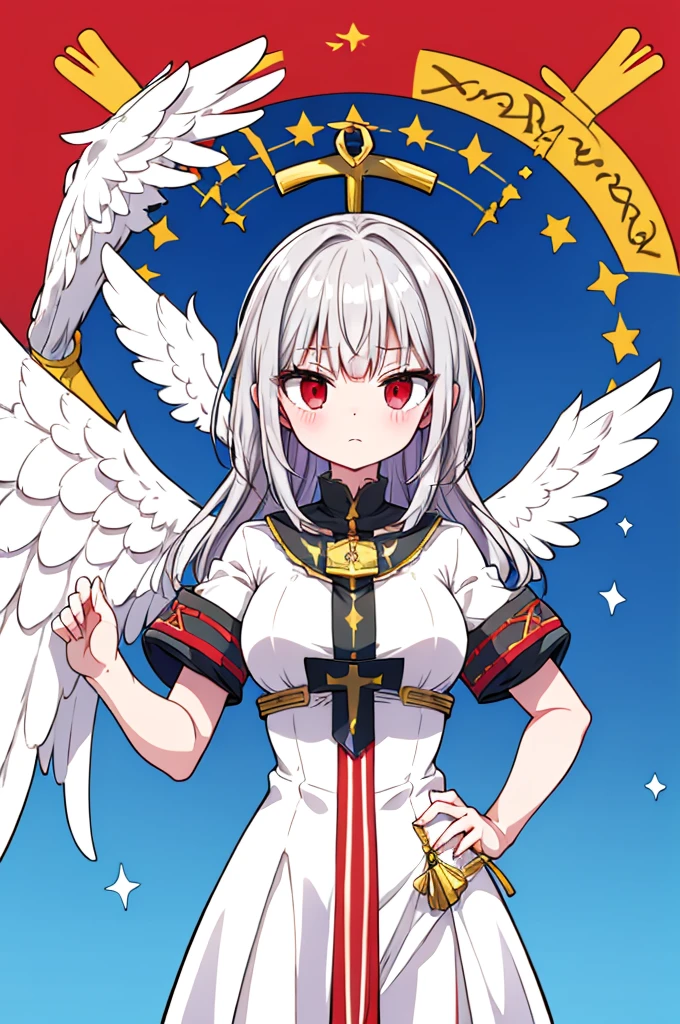 flagmaker, medieval knight group, the flag representing Crucifixus, Experrectus, Reanimatus or The Crucified, The Awakened, And The Reanimated, the flags' colors consist of black, red, white, gold and silver. The flag consists of an angel holding a black and red sword with a golden handle, the angel has a cross on the front of her shirt.