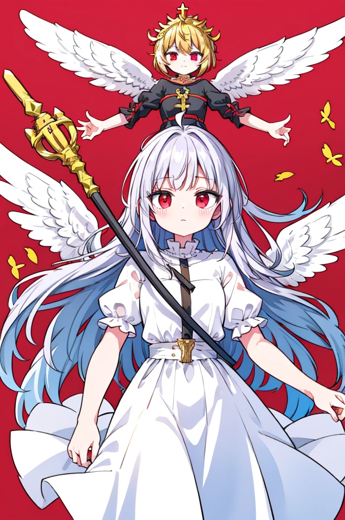 flagmaker, medieval knight group, the flag representing Crucifixus, Experrectus, Reanimatus or The Crucified, The Awakened, And The Reanimated, the flags' colors consist of black, red, white, gold and silver. The flag consists of an angel holding a black and red sword with a golden handle, the angel has a cross on the front of her shirt.
