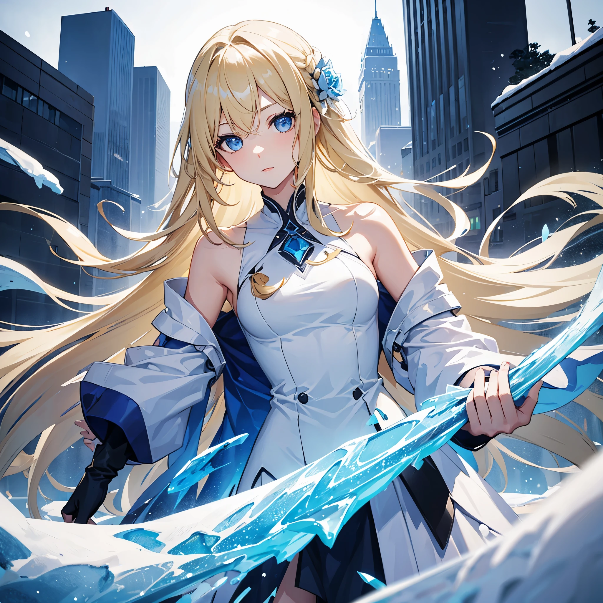 woman, solo, long hair, blonde hair, blue eyes, beautiful, half body, ice. Sexy. White clothes. Snow. City. 