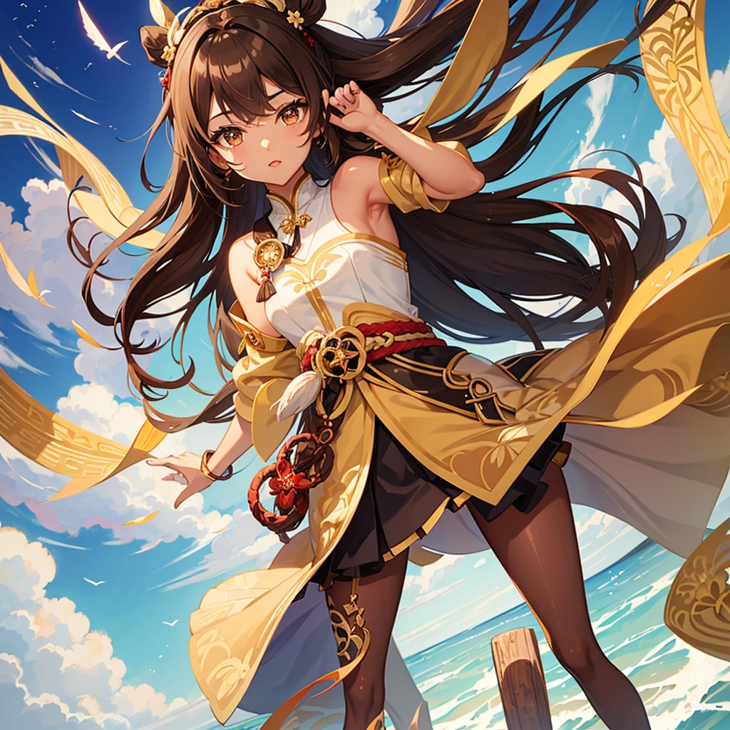 Brown-skinned girl with brown hair and dark brown eyes, With feminine clothing in the Genshin Impact style