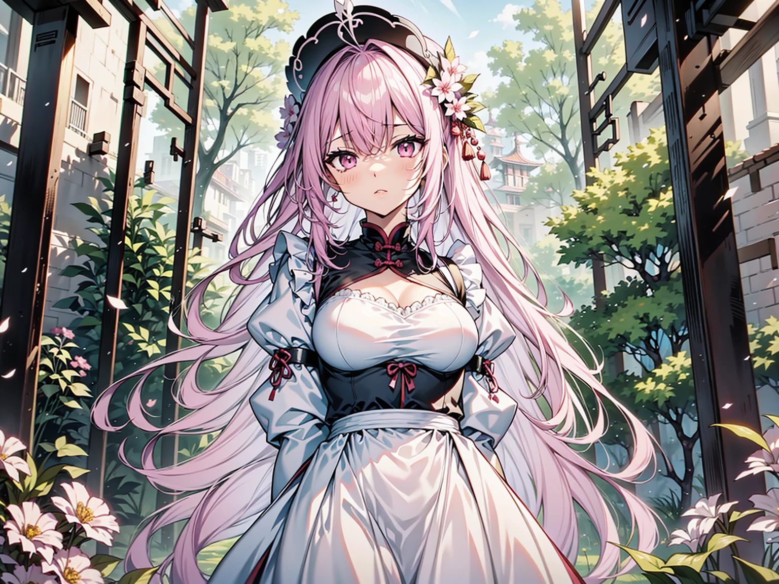 , Face Focus, Height of anime characters，Deep pink eyes, Cool anime poses, Anime Illustrations, high resolution, Super sharp, 8K, Masterpiece overall style Chinese style，Lens looking up，Close-up of face with eyes downcast，A woman holding a divorce letter，A maid stood beside her，Standing under the tree at the gate of the mansion，Flowers Falling
