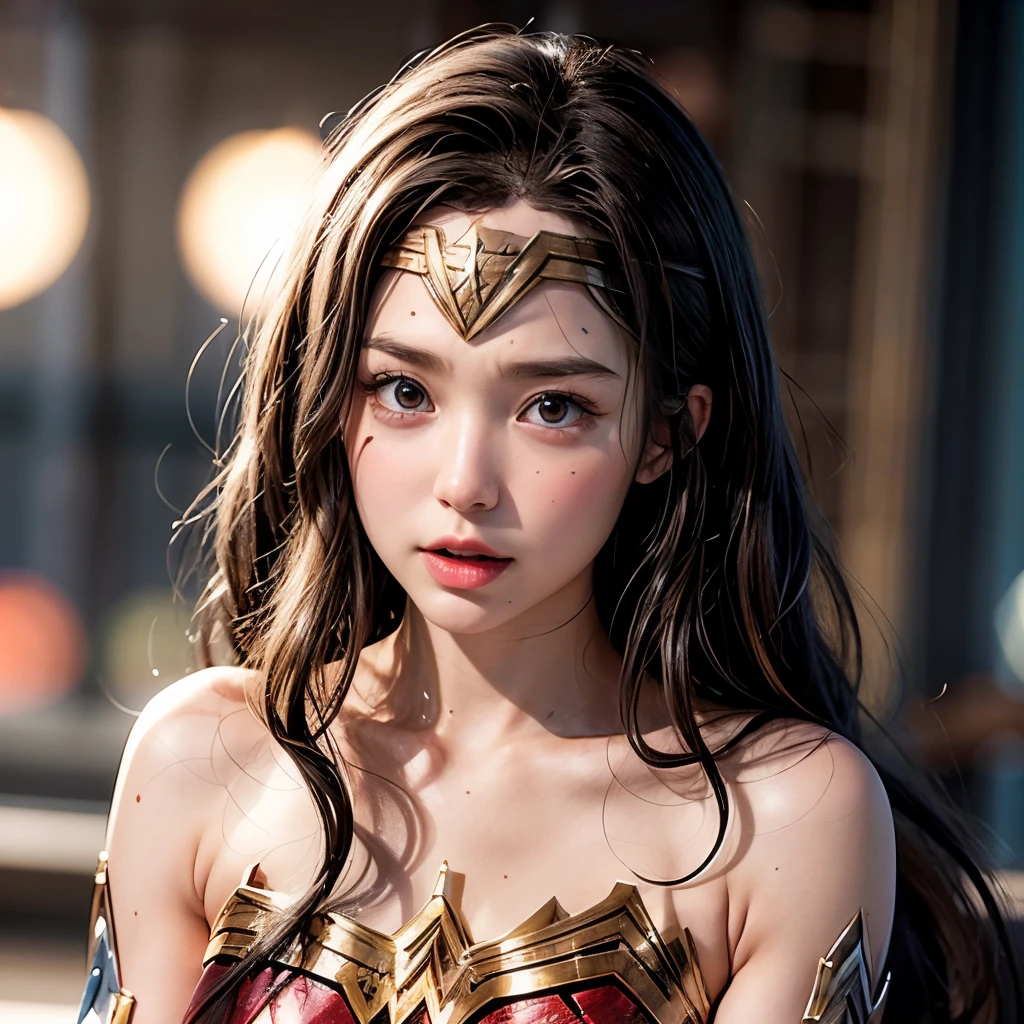 NSFW, 8k, High-level, absurd, masterpiece, best quality, primitive, very detailed CG, very detailed wallpaper, perfect lighting, Extremely detailed (((The personifying " Wonder Woman " as a Little Girl))), MysticSight, Tyndall effect, Tyndall scattering, Studio gray background with (many Dazzling RainbowColor particles BokeH:1.28), (RoundlyButts, ThighGap), (Exposed:0.4), (Assfocus with looking ahead), BREAK (NOGIZAKA face variations) Extremely Detailed very KAWAII face variations, perfect anatomy, Childish, captivating gaze, elaborate detailed Eyes with (sparkling highlights:1.28), long eyelashes、Glossy RED Lips with beautiful details, Coquettish tongue, Rosy cheeks, Radiant PearlSkin with clear transparency . { (Dynamic LifeLike expressions:1.4) | :d) }, (large eyes:-1) .