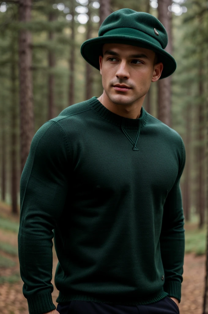 ((best quality)), ((masterpiece)), (detailed), realistic face real bald muscular male upper body wear dark green pullover and green hat on night forest