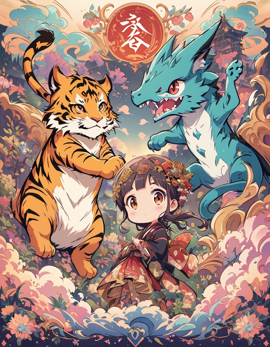 cute dragon on the left ,charming tiger on the right, confront each other in Japanese illustration. The composition exudes a blend of historical charm and fantasy, characteristic of manga style, manga cover --ar 2:1 --stylize 500 --niji 6