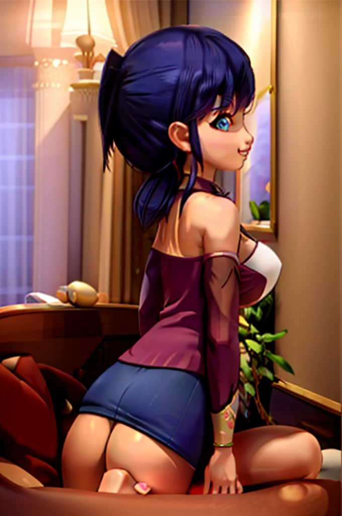 (8k, RAW photo, best quality, masterpiece:1.2), (intricate details), perfect eyes, perfect face, perfect lighting, beautiful, (masterpiece:1.2), (best quality:1.2), 1girl, Marinette, blue hair, ((hair in ponytails)), adult torso, 19 years old, slight smile, huge sized breasts, cowboy shot, 3DMM, laying in bed, profile, side view,