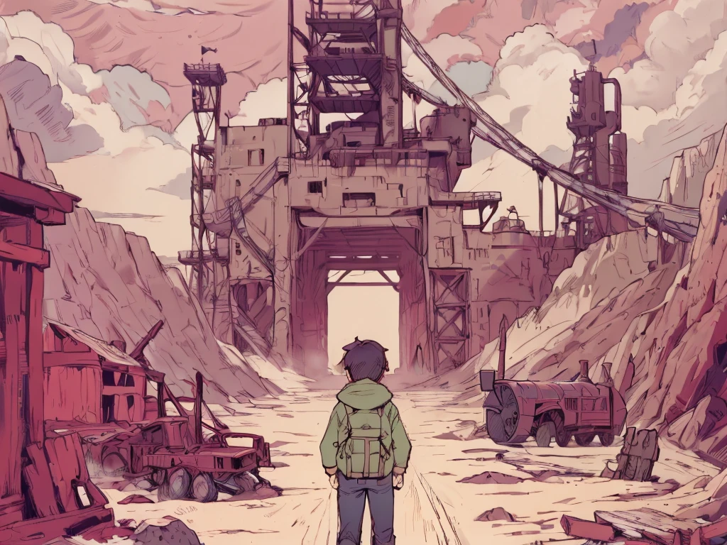 ((Vista amplia) de la entrada de la mina. The landscape is desert, with rusty metal structures and a partly cloudy sky), (Harrison is walking near the mine entrance, a la izquierda del panel), (Earthy and metallic tones dominate the scene, with touches of rusty green and grayish sky), (Luz diurna, con sombras alargadas que sugieren la tarde), (The mine is slightly off center, creando un equilibrio visual con Harrison y el coche que llega), (Harrison respira profundamente mientras camina, sus pasos levantan polvo), (Parpadea mientras observa el entorno y el coche que se aproxima);