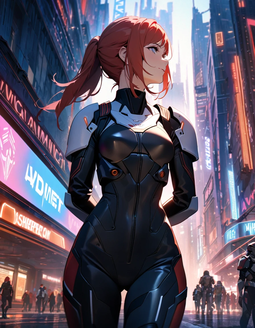 (Perfect Quality), (neon lights), a closeup of a, ((1 woman), Female Commander Shepard from Mass Effect, Redhead, athletic, beatiful face), ( walks through the city), (Hands Behind Your Back), (Battle armor), ( Nebula in the background), wide shot, atmospheric perspective, perspective, highres, HD, 4K, best quality, award winning, high quality, super detail, accurate, masterpiece, UHD