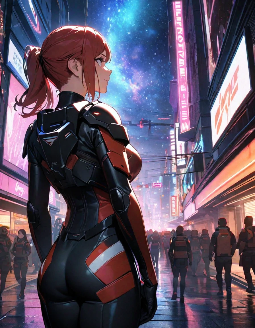  (Perfect Quality), (neon lights), a closeup of a, ((1 woman), Female Commander Shepard from Mass Effect, Redhead, athletic, beatiful face), ( walks through the city), (Hands Behind Your Back), (Battle armor), ( Nebula in the background), wide shot, atmospheric perspective, perspective, highres, HD, 4K, best quality, award winning, high quality, super detail, accurate, masterpiece, UHD