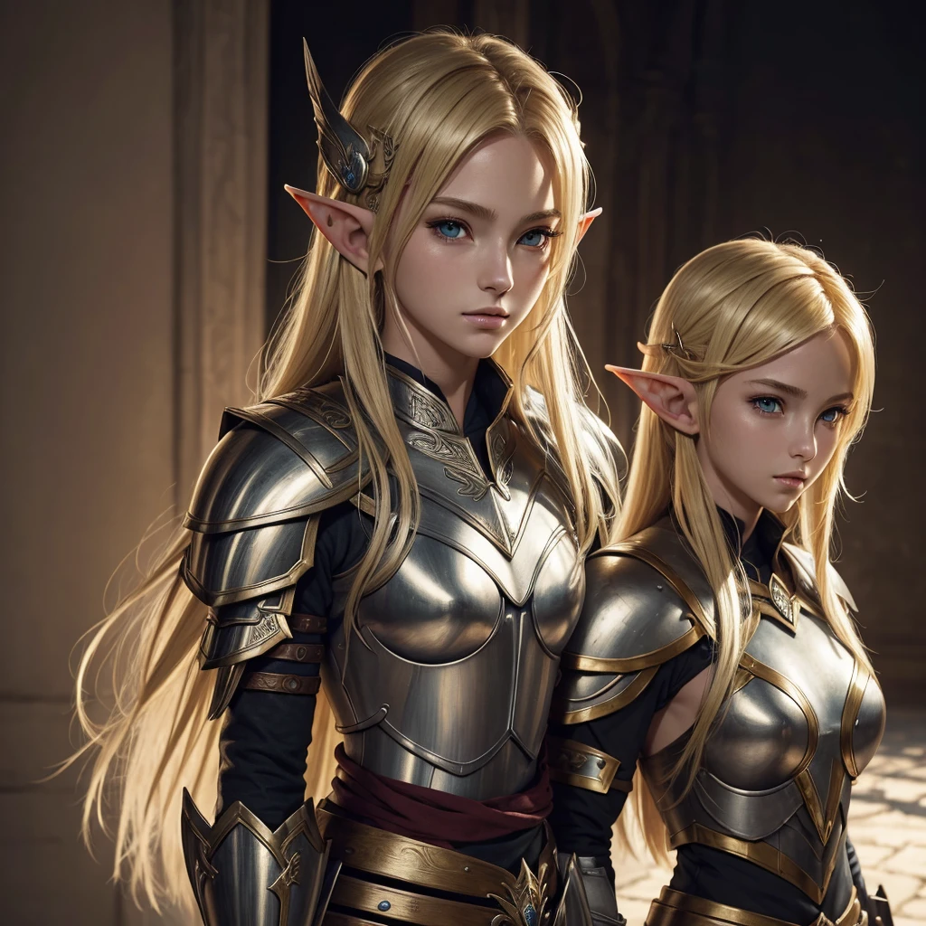 ((masterpiece, best quality)), manga style, elf warrior in armor, blond hair, elf ears, hands behind back, best qualityer，8K， masterpiece, high resolution,1girl, two tone lighting, (high detail skin：1.2), beautiful face, gentle illumination, ((no background))