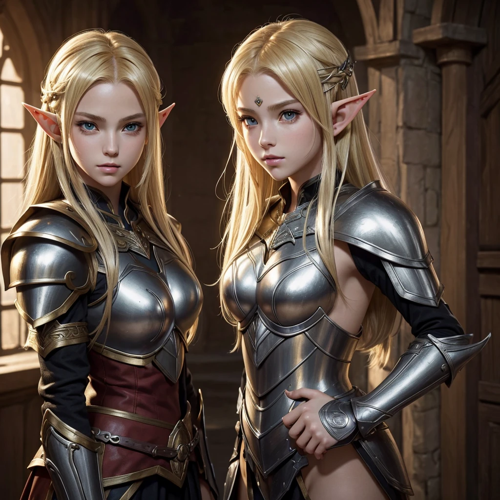 ((masterpiece, best quality)), manga style, elf warrior in armor, blond hair, elf ears, hands behind back, best qualityer,8K, masterpiece, high resolution,1girl, two tone lighting, (high detail skin:1.2), beautiful face, gentle illumination, ((no background))
