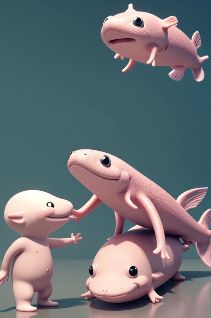 Create a cute image of a mustachioed axolotl dad and his 3d animated axolotl son