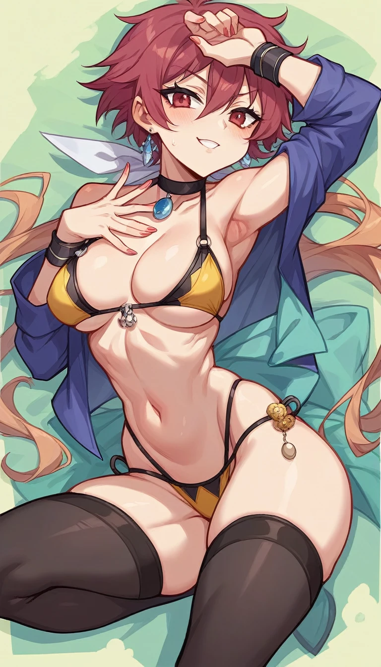 (Obra maestra, mejor calidad:1.2), una mujer en la playa con hermoso paisaje, muslos sensuales y gran trasero, su pelo de color blanco y ojo rojos, bikini de color negro, resalta su fisico hermoso y perfecto