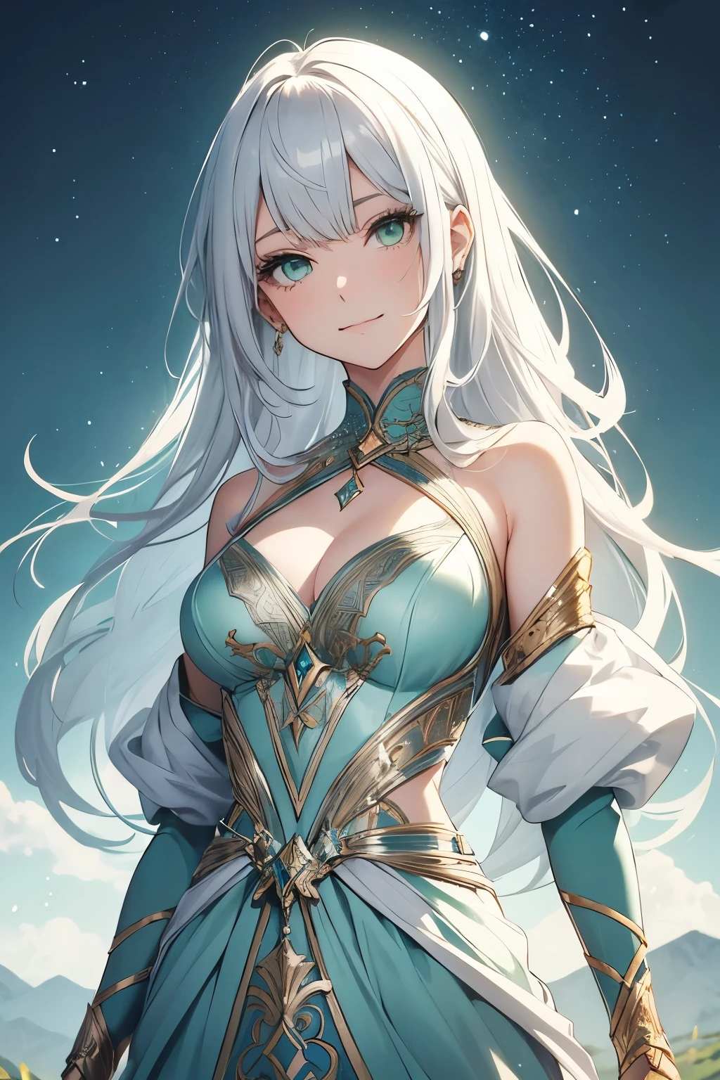 draw a drawing of a girl with silver hair and green eyes, wearing a white and gold dress from the middle ages, estilo de desenho de manhwa, sorriso e cabelos ondulados longos