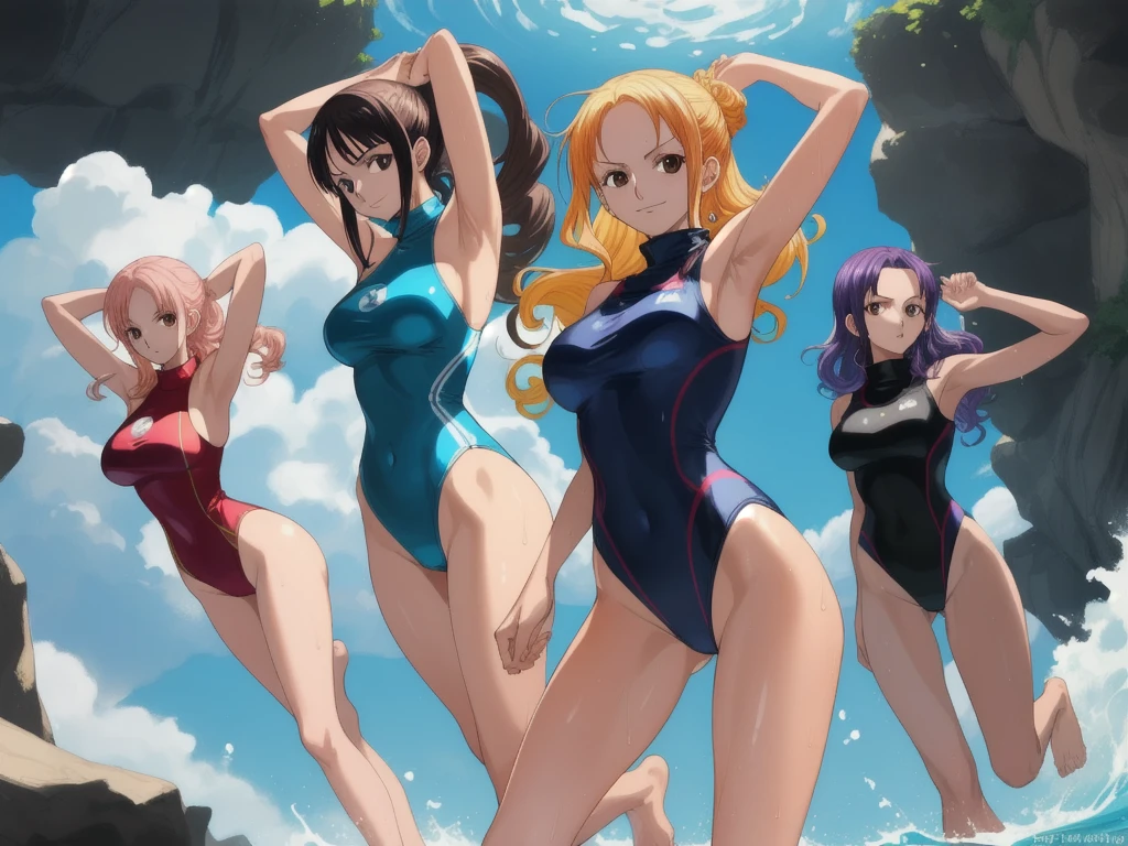 Best image quality, 8k, high quality, ((masterpiece)), (High detail), (((Perfect Anatomy, Perfect Style))), Depth of written boundary, Open Stance, (Mature Woman), (Cute illustrations:1.2), (Multiple girls with different hair colors and styles:1.2), (Three Girls The in the center faces the camera. looking at the camera), (in the morning, Beautiful light, Professional Lighting), (One piece turtleneck tight swimsuit), Dynamic pose, smile, Dynamic Angle, ((Armpits:1.2)), barefoot, Photographed looking up from the ground Angle including the crotch、 The whole body is wet and shiny, like it's been oiled.、cumulonimbus, Contrail, The blue sky spreads, Outdoor School Pool、 The sunlight reflects off the swimsuit, making it sparkle.