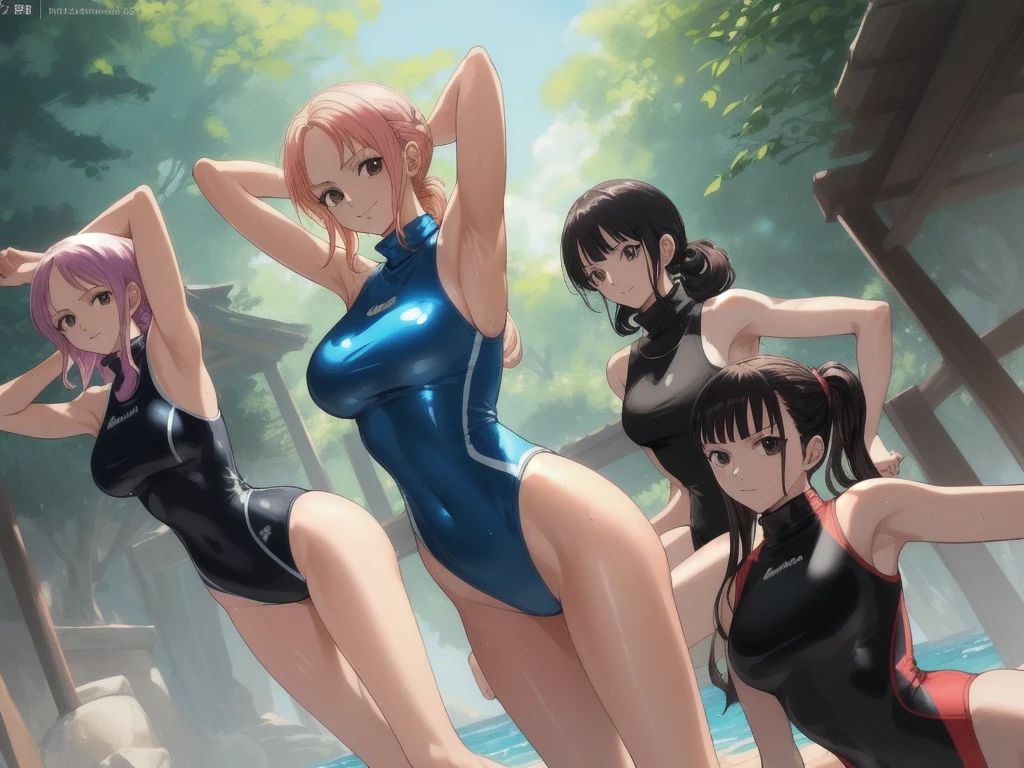 Best image quality, 8k, high quality, ((masterpiece)), (High detail), 　(((Perfect Anatomy, Perfect Style))), Depth of written boundary, Open Stance, (Mature Woman), (Cute illustrations:1.2), (Multiple girls with different hair colors and styles:1.2), (Three Girls　The  in the center faces the camera.　looking at the camera),　(in the morning, Beautiful light, Professional Lighting), (One piece turtleneck tight swimsuit), Dynamic pose,  smile, Dynamic Angle, ((Armpits:1.2)), barefoot, Photographed looking up from the ground　Angle including the crotch、　The whole body is wet and shiny, like it&#39;s been oiled.、cumulonimbus,　Contrail,　The blue sky spreads,　Outdoor School Pool、　The sunlight reflects off the swimsuit, making it sparkle.