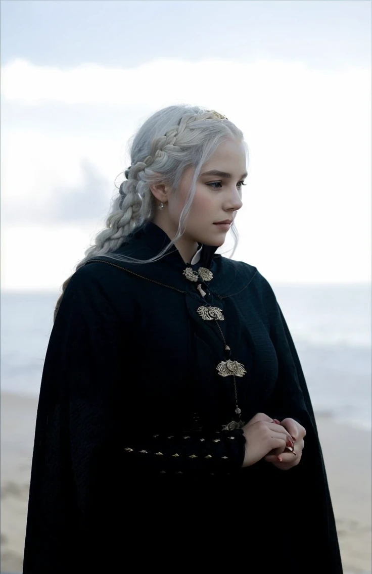 Girl with white wavy hair,side braids,beautiful necklace, Targaryen women hairstyle,beautiful gold tiara, red and black dress