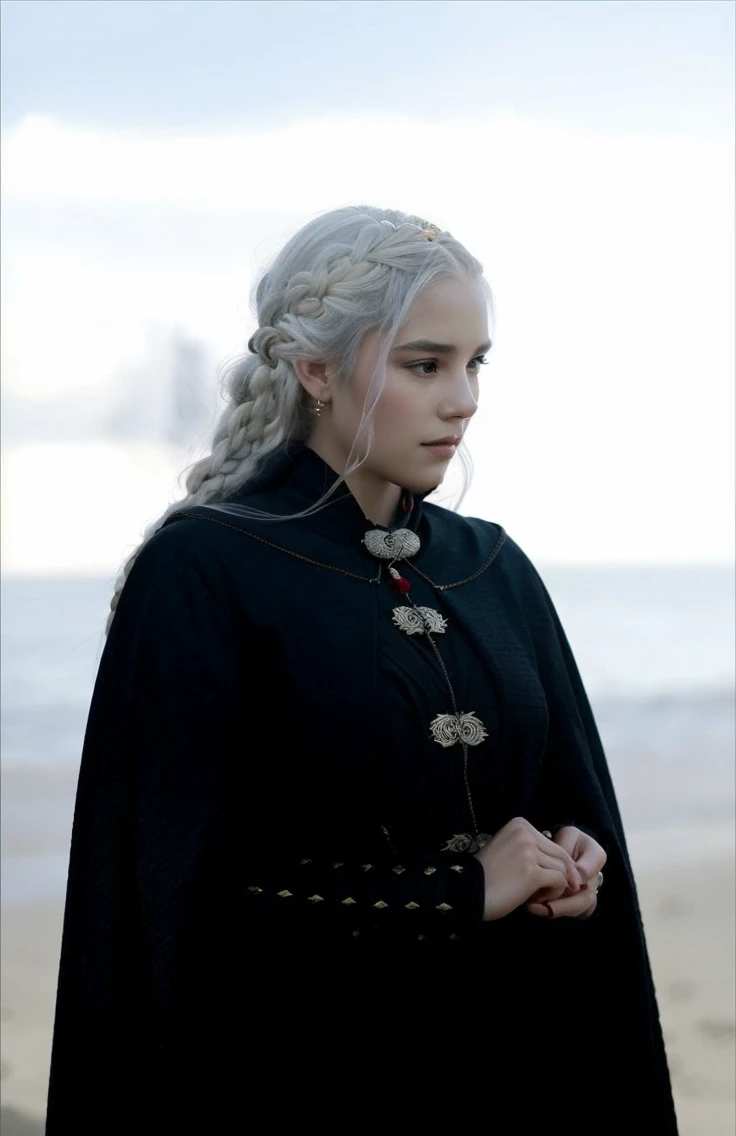 Girl with white wavy hair,side braids,beautiful necklace, Targaryen women hairstyle,beautiful gold tiara, red and black dress