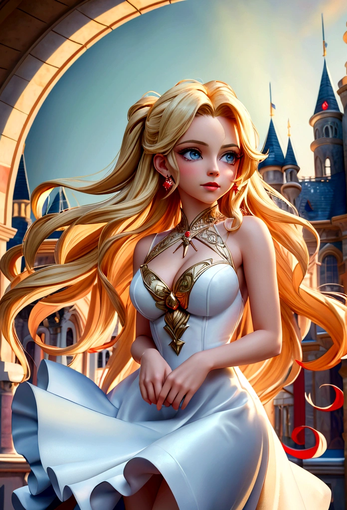 Arafed, a picture of a female angel in high society prom event, divine beautiful female angel, blond hair, long hair, flowing hair, the hair glows in a soft light, cerulean eyes, deep light eyes, divine beautiful face, folded white feather wings, she wears a ((red evening dress: 1.2)), elegant, intricate detailed dress, silk dress, she wears elegant knee high heeled boots, exquisite high heeled boots, she stands on the porch of a fantasy castle, dynamic angle, soft torch light, (Masterpiece: 1.5), 16k, highres, best quality, high details, ultra detailed, masterpiece, best quality, (extremely detailed), AngelStyle, GlowingRunesAI_paleblue, angel_wings