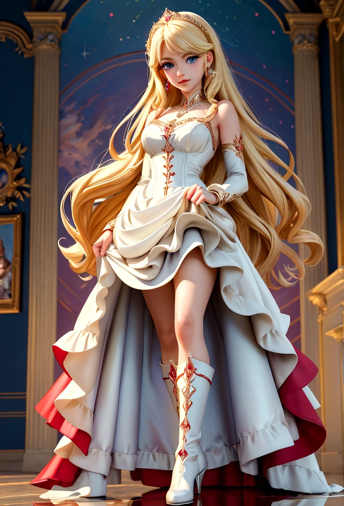 Arafed, a picture of a female angel in high society prom event, divine beautiful female angel, blond hair, long hair, flowing hair, the hair glows in a soft light, cerulean eyes, deep light eyes, divine beautiful face, folded white feather wings, she wears a ((red evening dress: 1.2)), elegant, intricate detailed dress, silk dress, she wears elegant knee high heeled boots, exquisite high heeled boots, she stands on the porch of a fantasy castle, dynamic angle, soft torch light, (Masterpiece: 1.5), 16k, highres, best quality, high details, ultra detailed, masterpiece, best quality, (extremely detailed), AngelStyle, GlowingRunesAI_paleblue, angel_wings