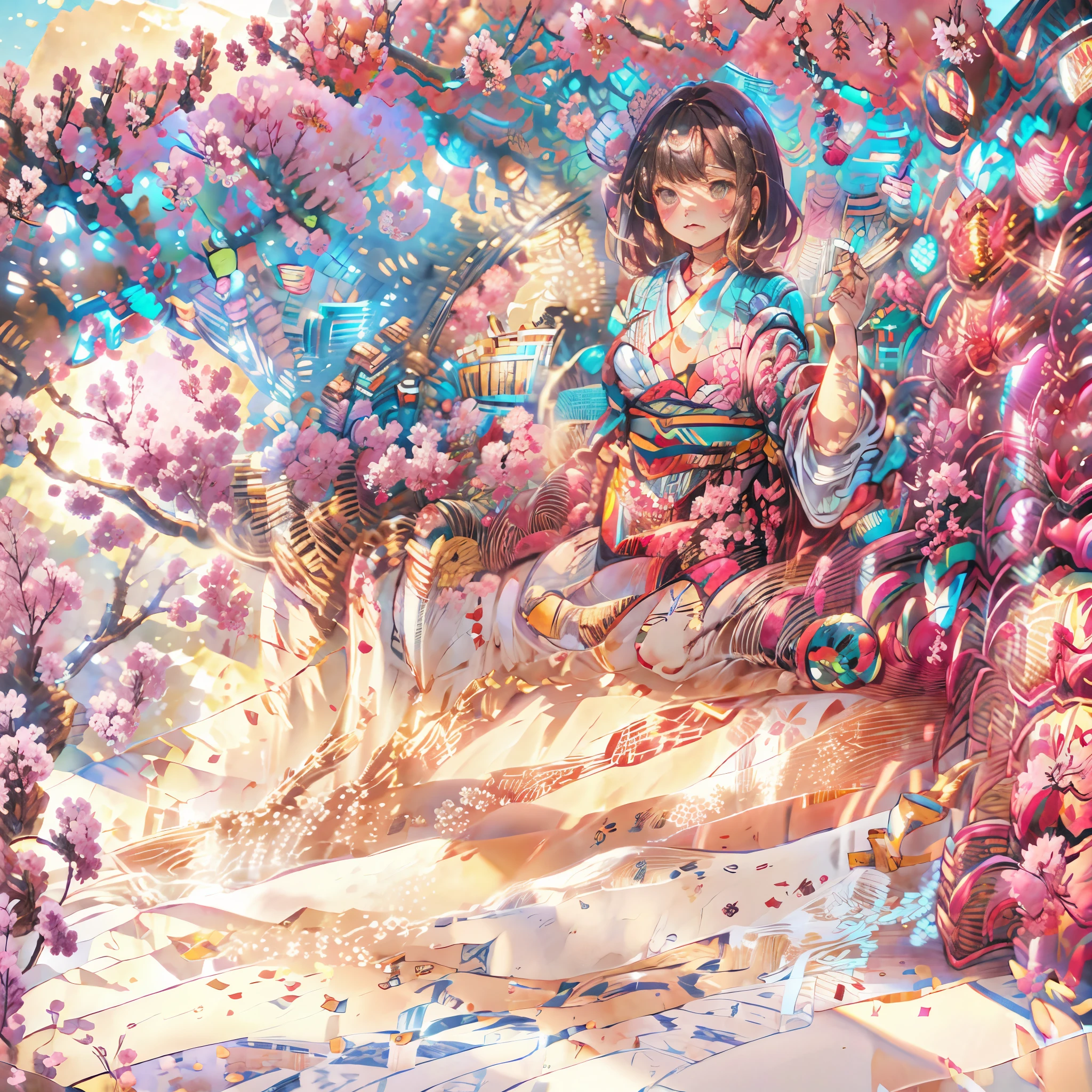 Draw a Japanese girl against the background of cherry blossoms