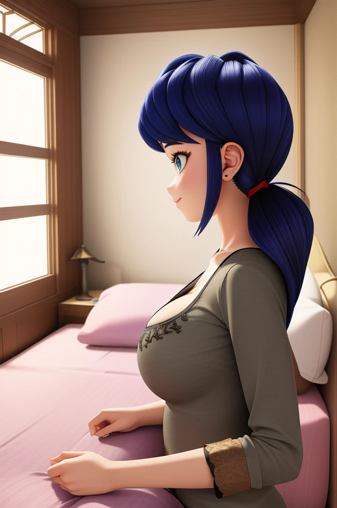 (8k, RAW photo, best quality, masterpiece:1.2), (intricate details), perfect eyes, perfect face, perfect lighting, beautiful, (masterpiece:1.2), (best quality:1.2), 1girl, Marinette, blue hair, ((hair in ponytails)), adult torso, 19 years old, slight smile, huge sized breasts, cowboy shot, 3DMM, laying in bed, profile, side view,