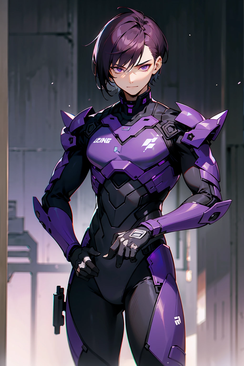 1male, Young Adult, Dark Violet Hair, Short Hair, Slight Smile, Standing In City, Detailed background, Black and White Combat Suit, Sharp Eyes, Purple Eyes