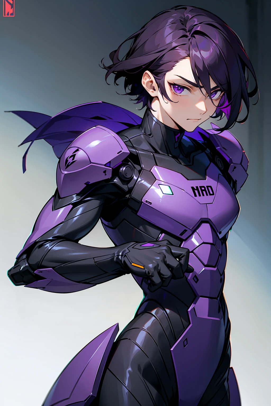 1male, Young Adult, Dark Violet Hair, Short Hair, Slight Smile, Standing In City, Detailed background, Black and White Combat Suit, Sharp Eyes, Purple Eyes