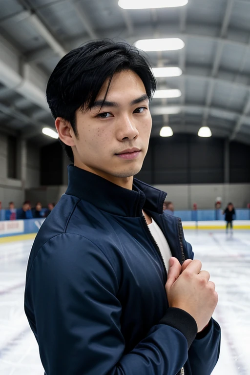 Asian man, black hair, dark eyes, freckles, attractive, fair skin, serious expression, figure skater, male figure skater, wearing a blue jacket, ice rink background