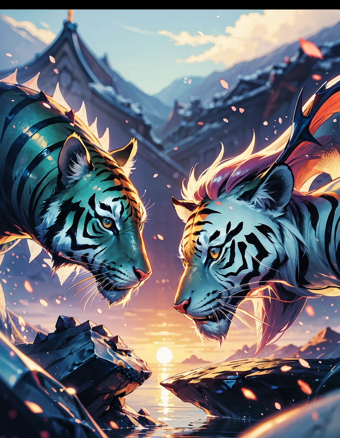 1Big whiteorange royal tigerhuman, scarry,red blood ,big claw, hunger, frozen blackground, stronger, animal, stand on to legs, big, old,snow cloth, lycan, fantasy, wearing armor coat, 