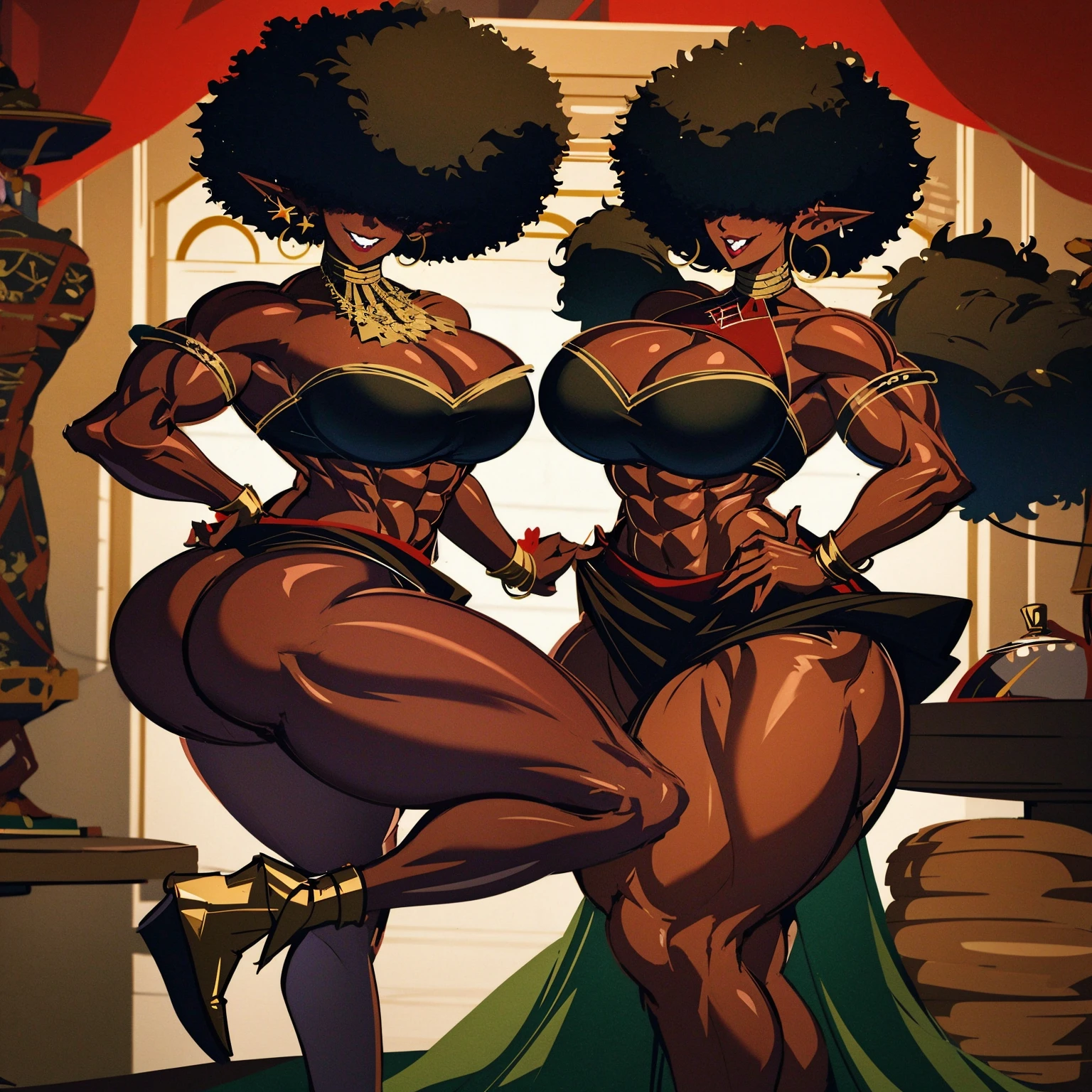 (masterpiece, best quality:1.2),1 girl, voluptuous body, full body, masterpiece, dominant pose, good anatomy, no extra limbs, big ass, thick thighs, black hair, voluminous afro, pointy ears, gold earrings, black top with red details, black skirt with red details, gold necklaces, no eyes, hair covering eyes
