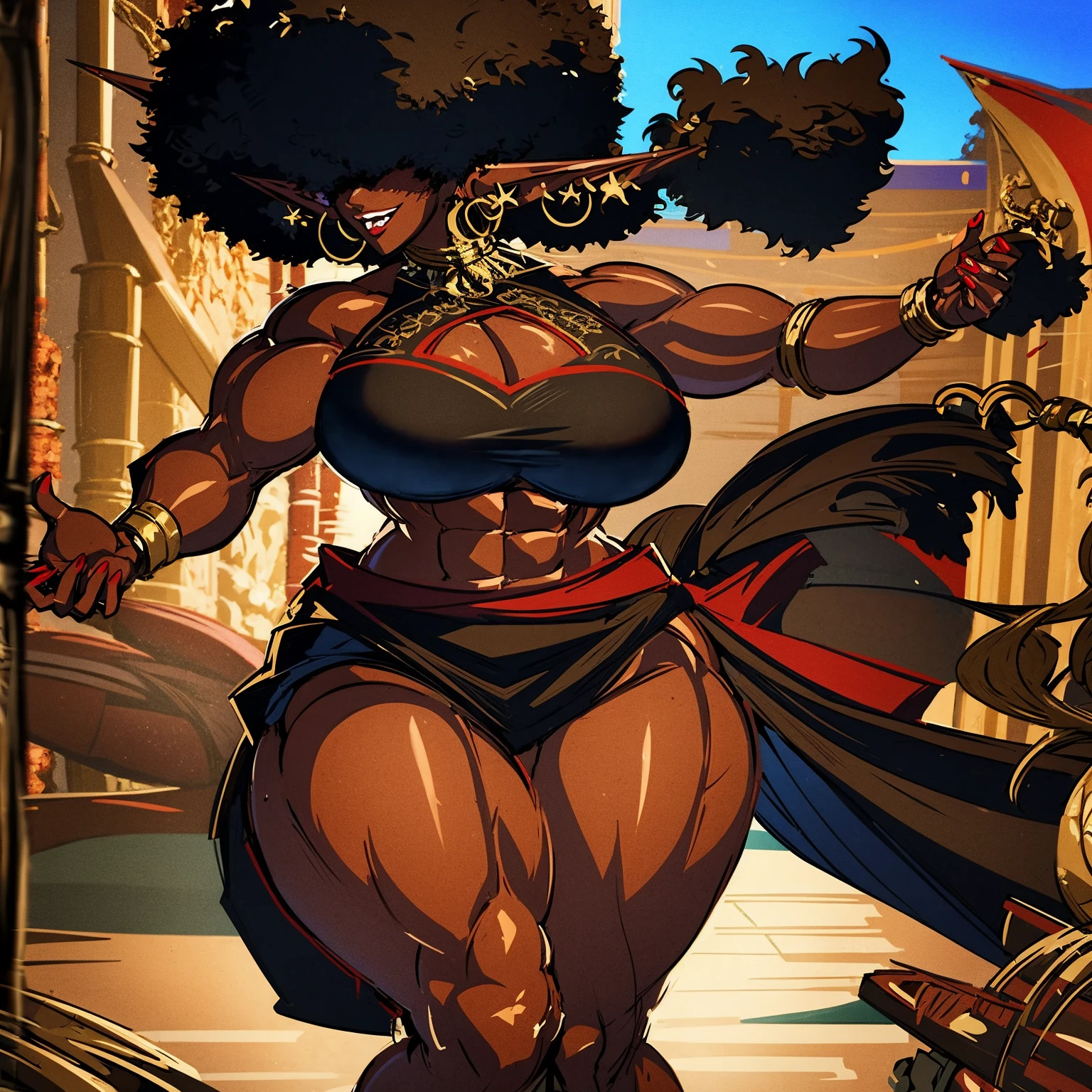 (masterpiece, best quality:1.2),1 girl, voluptuous body, full body, masterpiece, dominant pose, good anatomy, no extra limbs, big ass, thick thighs, black hair, voluminous afro, pointy ears, gold earrings, black top with red details, black skirt with red details, gold necklaces, no eyes, hair covering eyes