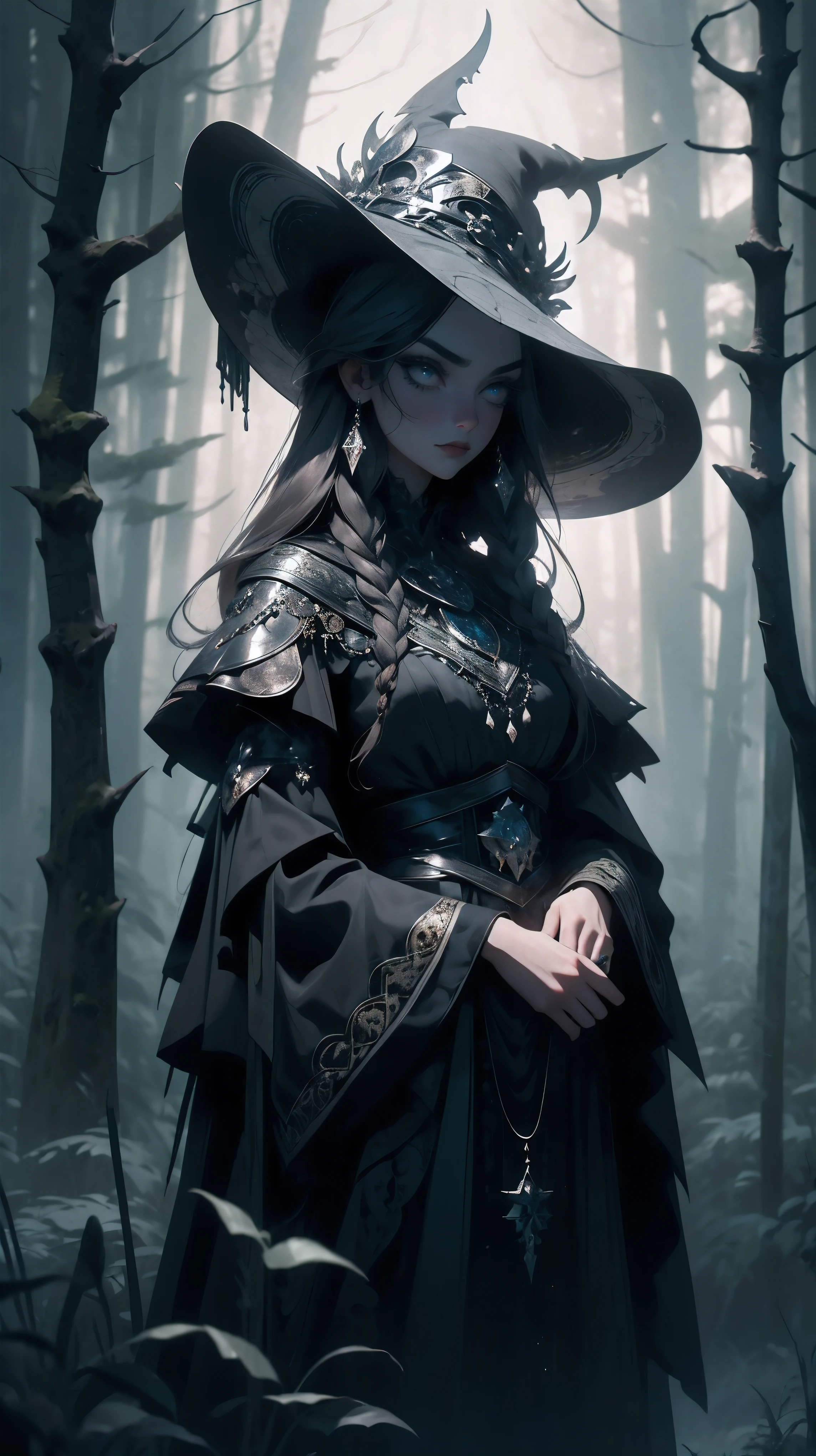 a beautiful witch, detailed intricate face, piercing eyes, long lashes, porcelain skin, flowing dark hair, ornate headdress, dark gothic dress, standing in a mystical forest, moonlit night, moody dramatic lighting, mist and fog, fantasy, dark magic, cinematic, highly detailed, photorealistic, 8k