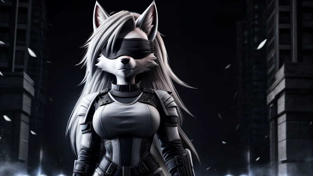 Loona from Helluva Boss, female white wolf, short white hair, blindfold, white combat military armor suit, adult, standing, dark lighting, extremely detailed, solo, beautiful, high quality, 4K