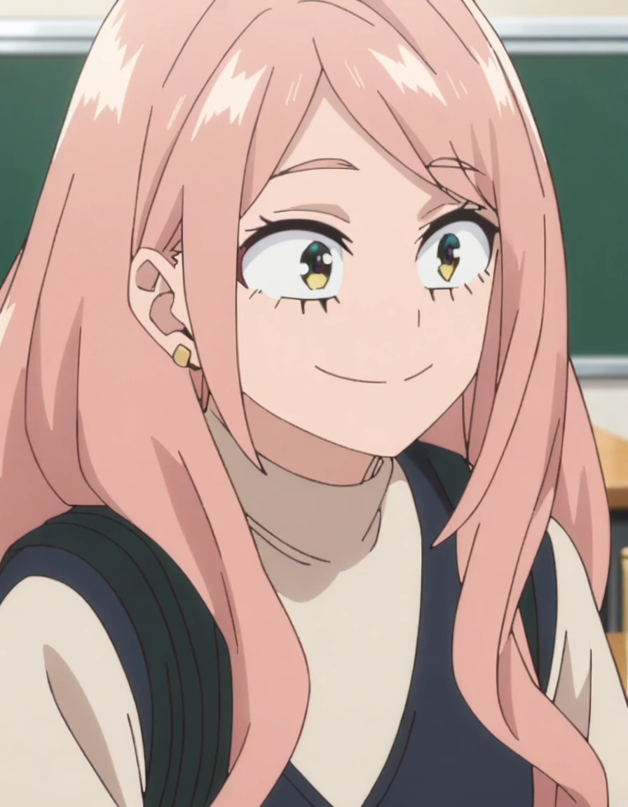 1girl, female focus, my hero academia screencap, boku no hero academia, pink hair, gold eyes, smiling, super long hair, cute, wearing beige turtle neck , in a classroom, cute gold earrings, bangs, big 
