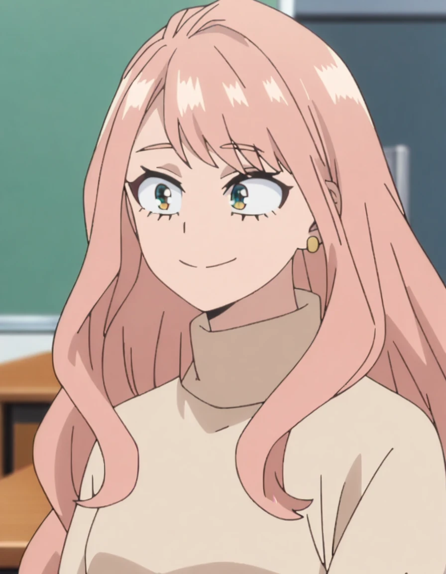 1girl, female focus, my hero academia screencap, boku no hero academia, pink hair, gold eyes, smiling, super long hair, cute, wearing beige turtle neck , in a classroom, cute gold earrings, bangs, big 
