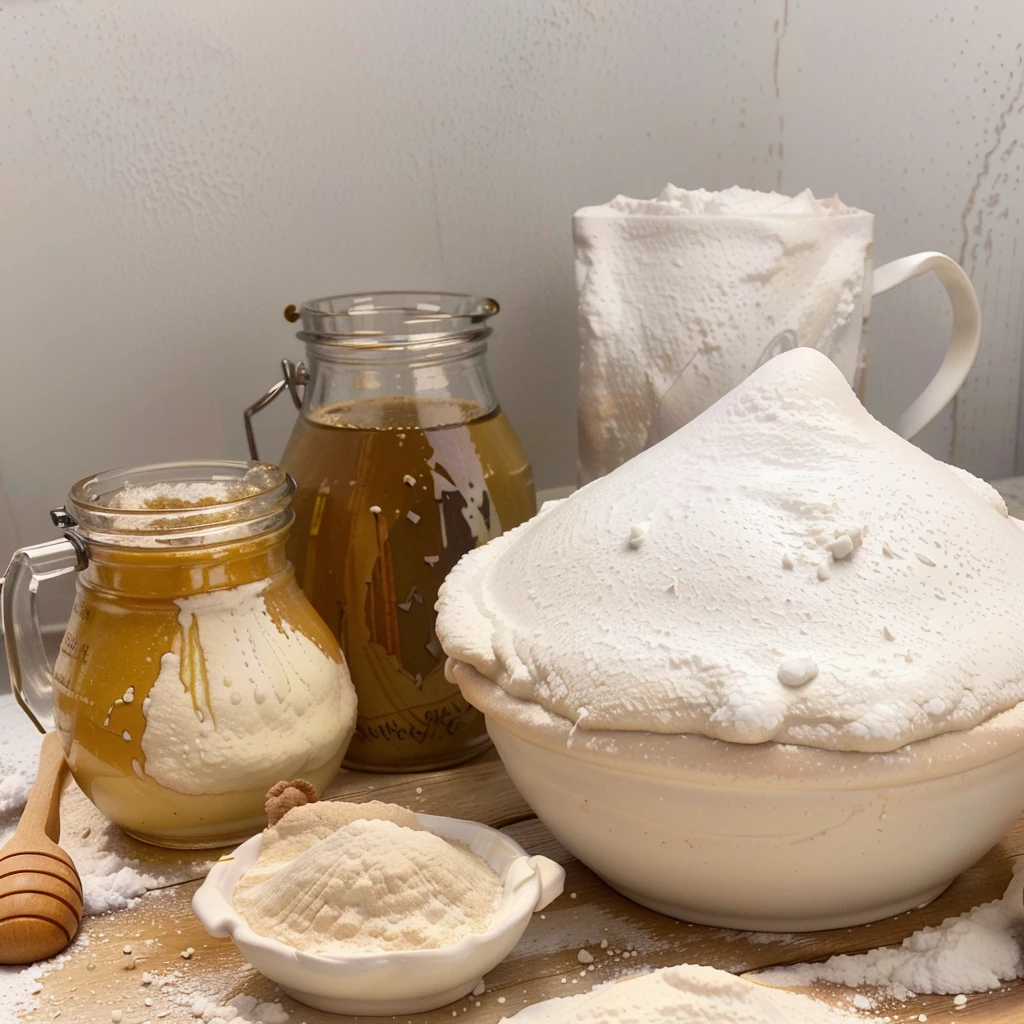 there are a lot of ingredients that are on a table, ingredients on the table, covered in white flour, recipe, strange ingredients on the table, flour dust, honey, white, white clay, alchemical still made from clay, outstanding detail, homemade, exploitable image, creating a soft, flour dust spray, clean face and body skin, highly rendered