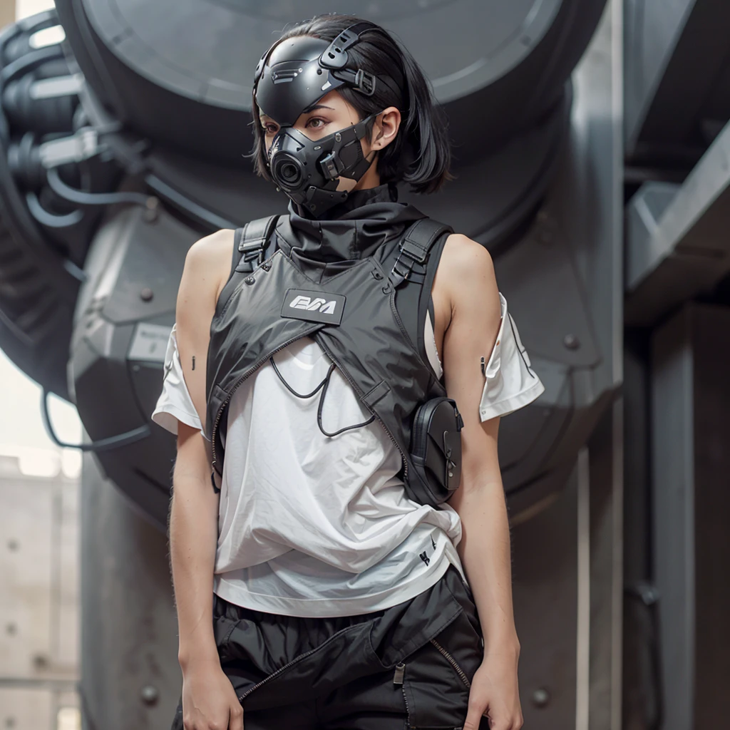 1girl, short black hair, cyber helmet, black tank top, black cargo pants, mouth mask, covered mouth, ((white blank background)), 8K, Hi-Res