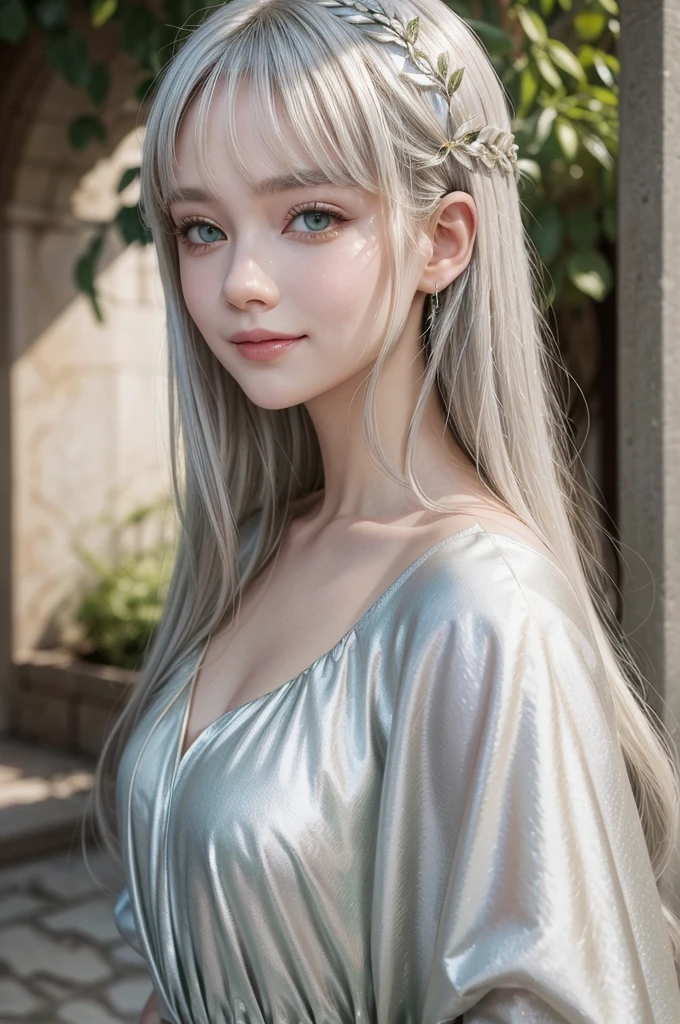 draw a drawing of a girl with silver hair and green eyes, wearing a white and gold dress from the middle ages, estilo de desenho de manhwa, sorriso e cabelos ondulados longos