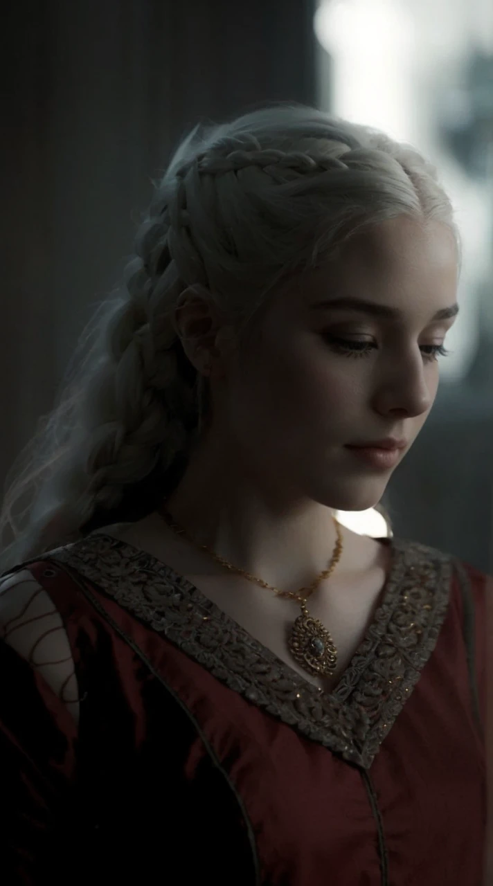 Girl with white wavy hair,side braids,beautiful necklace, Targaryen women hairstyle,beautiful gold tiara, red and black dress