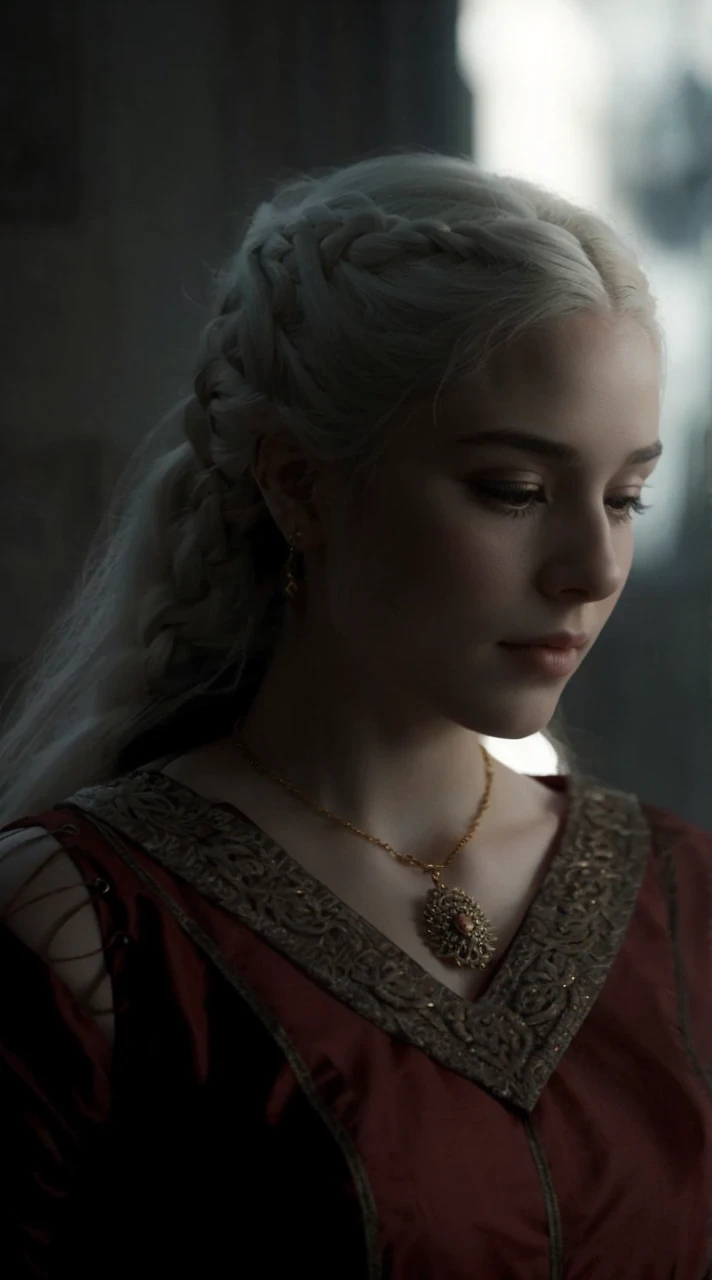 Girl with white wavy hair,side braids,beautiful necklace, Targaryen women hairstyle,beautiful gold tiara, red and black dress